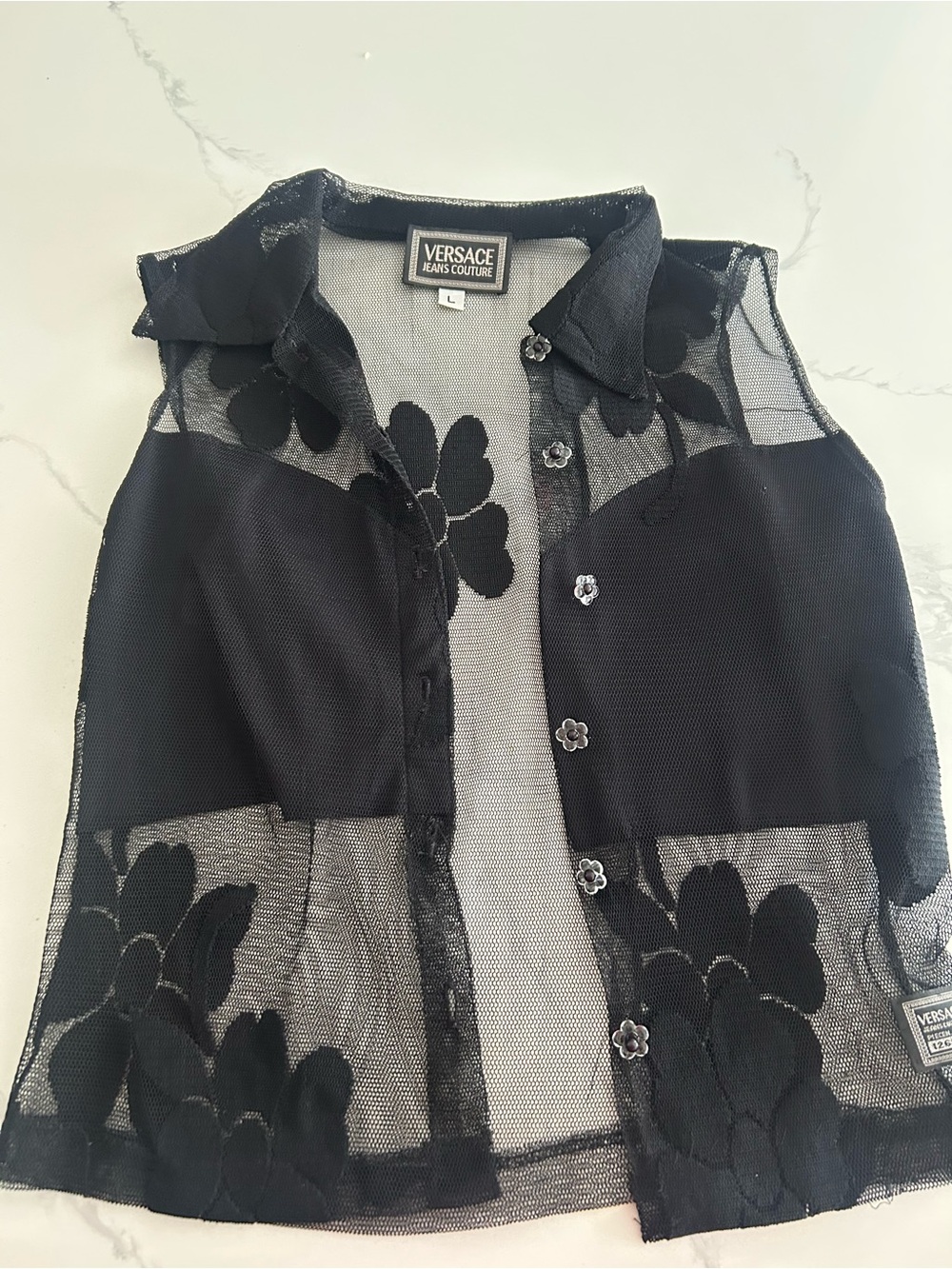 Versace Jeans Collection Black Sheer Mesh Button-Up Top